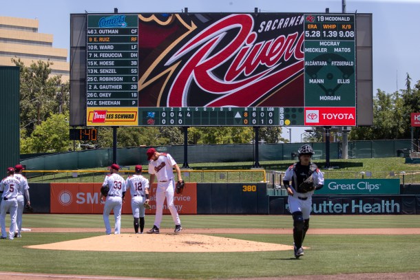 While the A’s are drawing larger crowds, they continue to share Sutter Health Park with the Sacramento River Cats, seen here during a June 27 game against the Oklahoma City Comets. (Photo by Steve Martarano)
