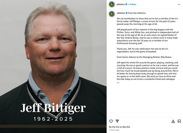 Ex-MLB pitcher Jeff Bittiger, who was a scout for 22 years with the Athletics, died on Saturday