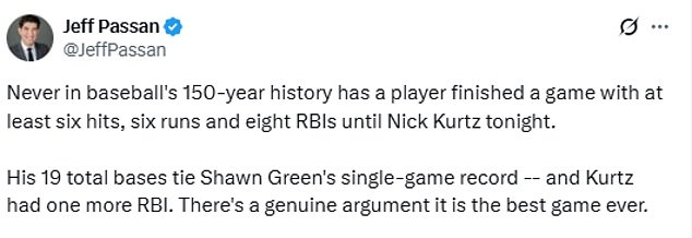 ESPN's famed MLB reporter Jeff Passan hailed the historic performance as one of the best