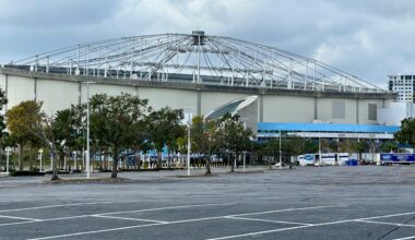 A look at Tropicana Field, and it's heavily damaged roof after Hurricane Milton. (Spectrum Bay News 9/Josh Rojas)