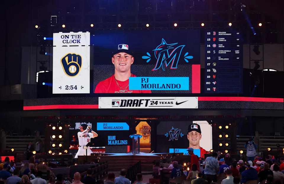 Jul 14, 2024; Ft. Worth, TX, USA; PJ Morlando is drafted by the Miami Marlins with the 16th pick during the first round of the MLB Draft at Cowtown Coliseum. Mandatory Credit: Kevin Jairaj-USA TODAY Sports