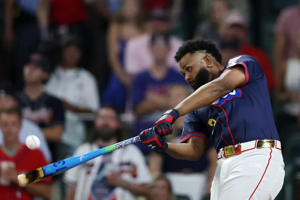 ATLANTA, GEORGIA - JULY 14: Junior Caminero #13 of the Tampa Bay Rays competes during the final round of the Home Run Derby at Truist Park on July 14, 2025 in Atlanta, Georgia.  (Photo by Kevin C. Cox/Getty Images)