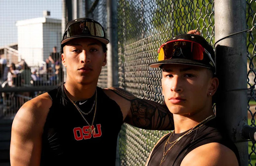 Brother Mason Pike, left, and Madden Pike both took the mound in the 4A State tournament to help the Puyallup Vikings advance to the semifinals, at Heritage Recreation Center, on Saturday, May 24, 2025, in Puyallup, Wash.