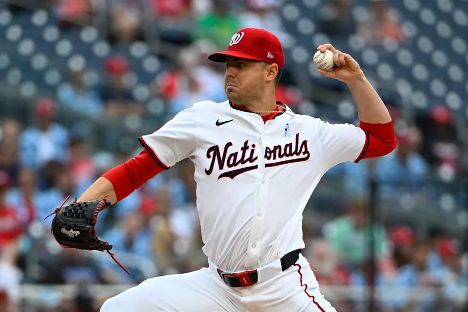 Washington Nationals starting pitcher MacKenzie Gore (1) throws to the Miami Marlins during the second inning at Nationals Park.Brad Mills-Imagn Images