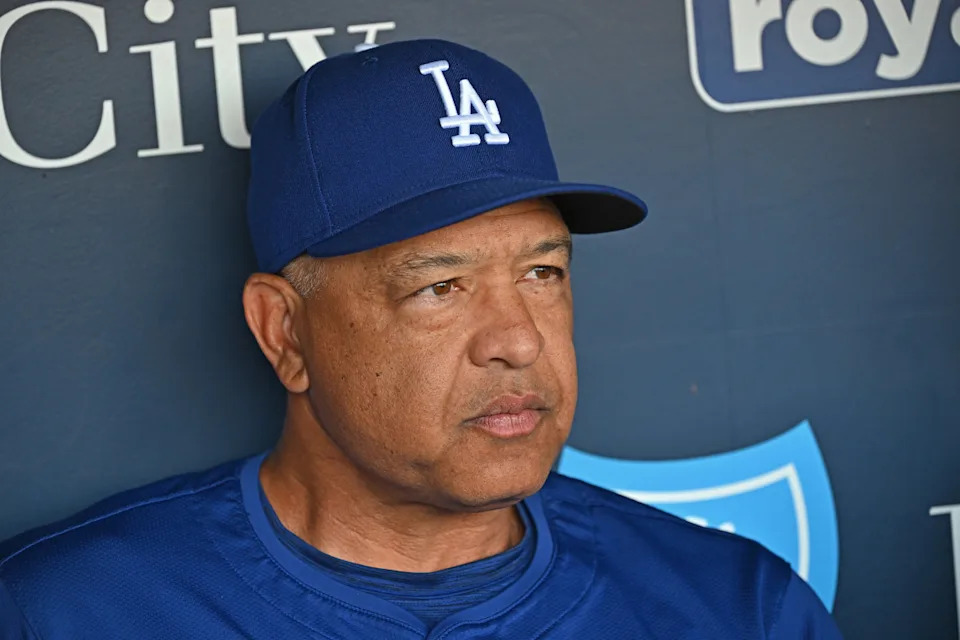 Los Angeles Dodgers manager Dave Roberts (30) talks with the media before a game against the Kansas City Royals at Kauffman Stadium.Peter Aiken-Imagn Images
