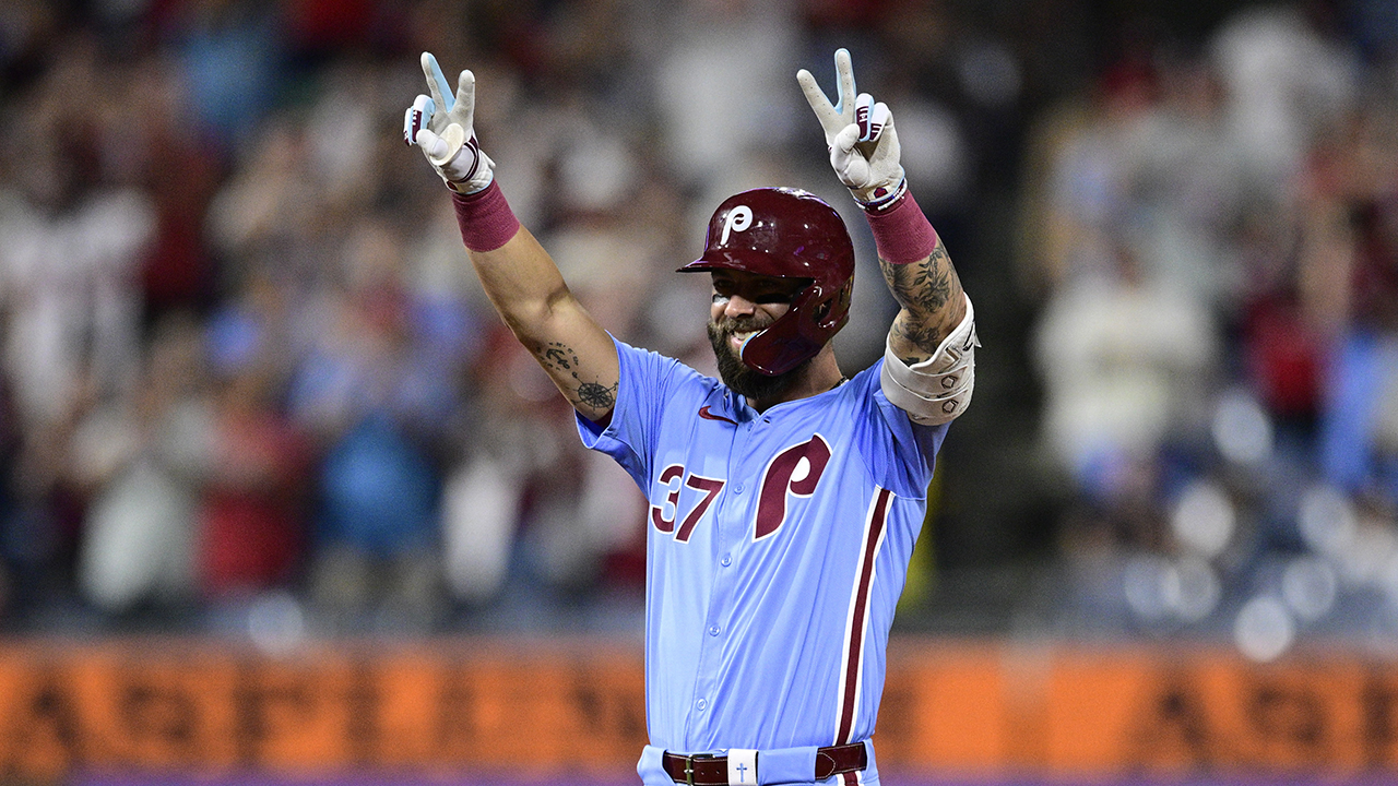 Philadelphia Phillies' Weston Wilson reacts after hitting a double on Thursday, Aug. 15, 2024, in Philadelphia.
