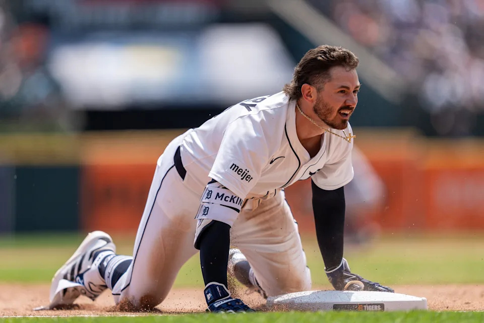 Detroit Tigers third baseman Zach McKinstry (39) slides to third base after hitting a triple against the Chicago Cubs during the fifth inning of the game at Comerica Park in Detroit on Saturday, June 7, 2025.