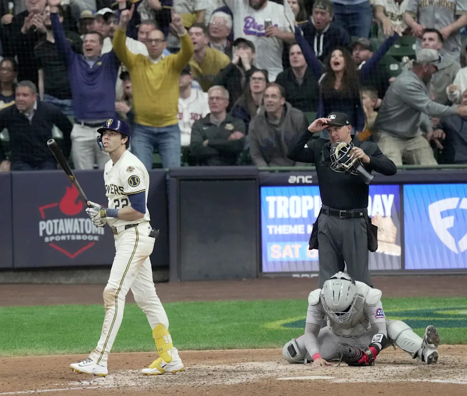Milwaukee Brewers outfielder Christian Yelich (22) watches his walk-off grand slam home run during the tenth inning of their game against the Boston Red Sox Tuesday, May 27, 2025 at American Family Field in Milwaukee, Wisconsin. The Brewers beat the Red Sox 5-1 in 10 innings.