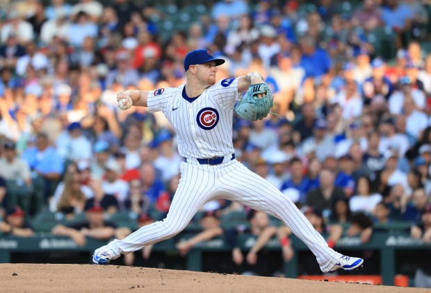 Cubs starting pitcher Cade Horton throws against the Guardians in the first inning at Wrigley Field on July 3, 2025, in Chicago. (John J. Kim/Chicago Tribune)