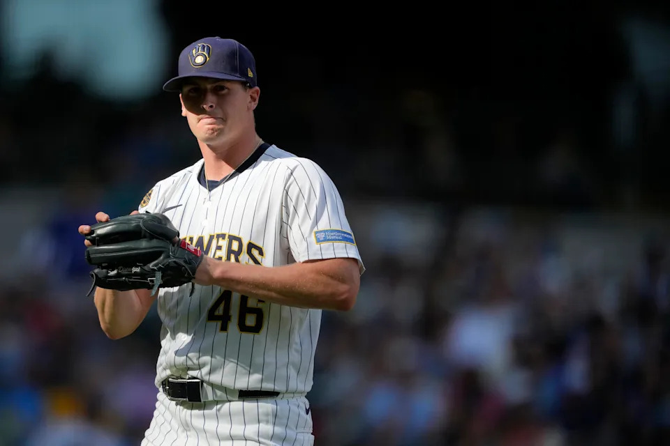MILWAUKEE, WISCONSIN - JUNE 28: Quinn Priester #46 of the Milwaukee Brewers walks back to the dugout after the top of the sixth inning against the Colorado Rockies at American Family Field on June 28, 2025 in Milwaukee, Wisconsin. (Photo by Patrick McDermott/Getty Images)