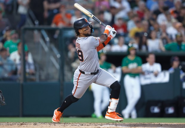 SACRAMENTO, CALIFORNIA - JULY 06: Luis Matos #29 of the San Francisco Giants hits a two-run, ground-rule double in the top of the fifth inning against the Athletics at Sutter Health Park on July 06, 2025 in Sacramento, California. (Photo by Lachlan Cunningham/Getty Images)