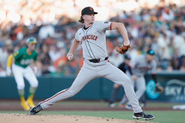 SACRAMENTO, CALIFORNIA - JULY 06: Hayden Birdsong #60 of the San Francisco Giants pitches in the bottom of the first inning against the Athletics at Sutter Health Park on July 06, 2025 in Sacramento, California. (Photo by Lachlan Cunningham/Getty Images)