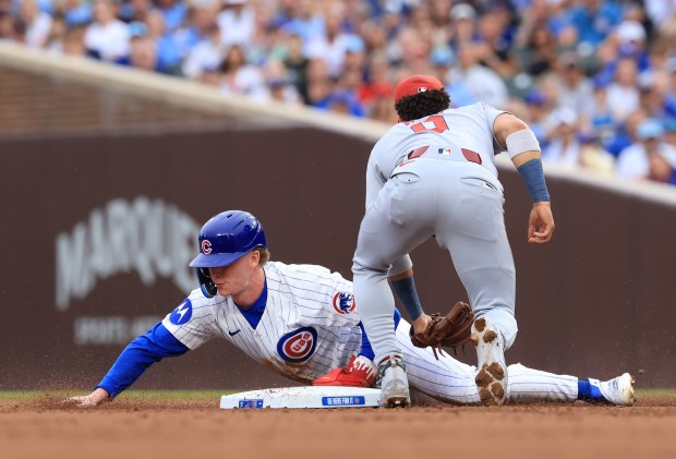 Cubs center fielder Pete Crow-Armstrong steals second base in the first inning against the Cardinals on Sunday, July 6, 2025, at Wrigley Field. (John J. Kim/Chicago Tribune)