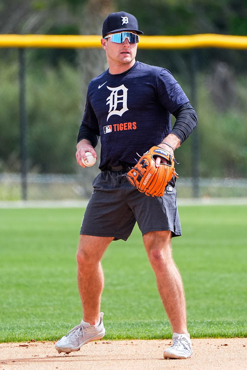Detroit Tigers prospect Kevin McGonigle practices during spring training at TigerTown in Lakeland on Friday, Feb. 20, 2025.