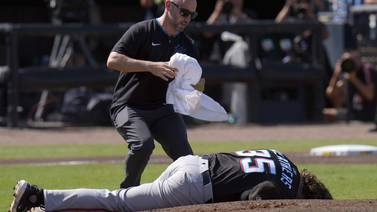 Marlins starter Ryan Weathers pitches 3 innings after getting hit in the head by catcher's throw
