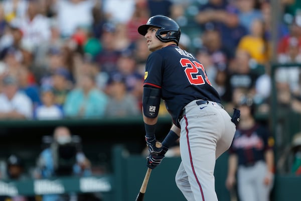 Braves third baseman Austin Riley hits a two-run home run against the Athletics on Wednesday, July 9, 2025, in West Sacramento, Calif. Riley was placed on the 10-day injured list Saturday morning. (Sergio Estrada/AP)