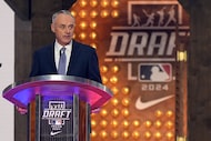 Major League Baseball Commissioner Rob Manfred makes comments during the MLB baseball draft...