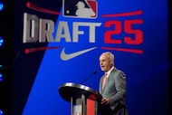 MLB Commissioner Rob Manfred speaks during the first round of the MLB baseball draft Sunday,...