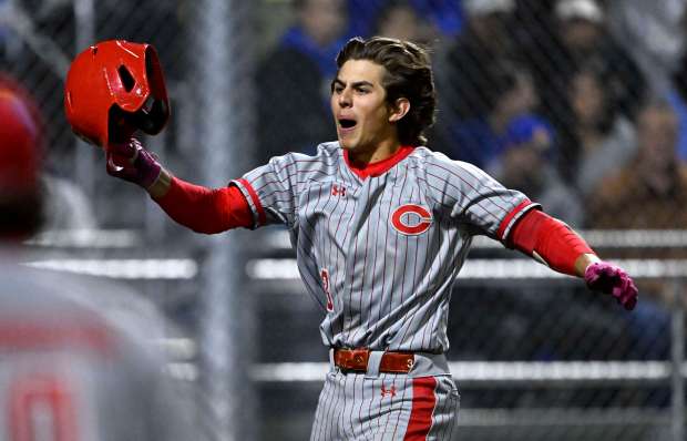 Billy Carlson of Corona reacts after hitting a three-run home run against La Mirada on Tuesday, March 4, 2025. (Keith Birmingham, Orange County Register/ SCNG)