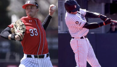 Split image of Northeastern University baseball players in action. On the left, a player in a red jersey and pinstriped pants winds up to pitch.