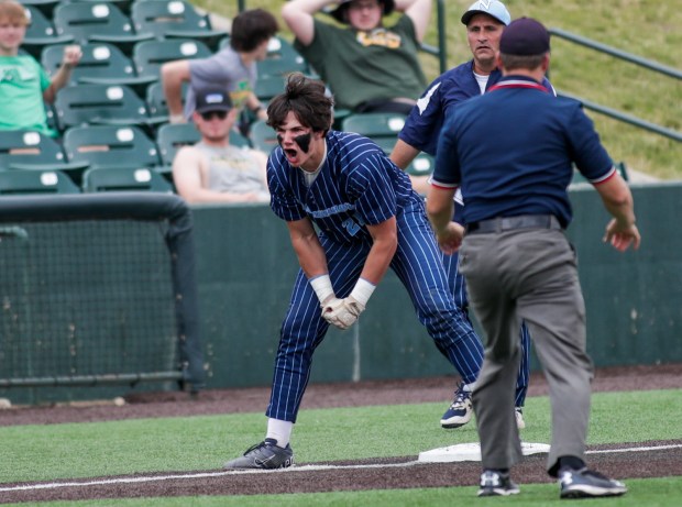 Nazareth's Jaden Fauske reacts after hitting a triple against Crystal Lake South during a Class 3A state semifinal game at Duly Health & Care Field in Joliet on June 10, 2022. (Mike Mantucca-Daily Southtown)