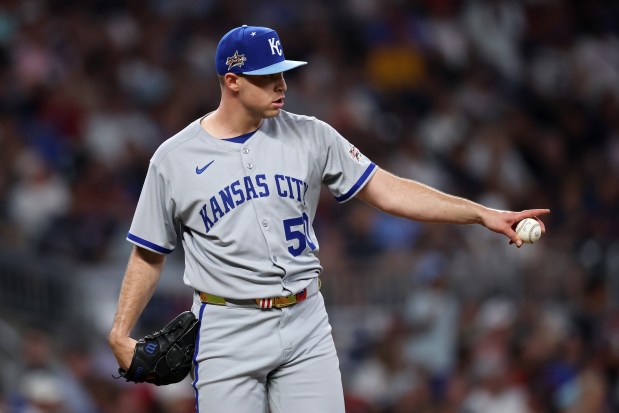 Kris Bubic #50 of the Kansas City Royals gestures during the sixth inning of the MLB All-Star Game at Truist Park on July 15, 2025 in Atlanta, Georgia. (Photo by Jamie Squire/Getty Images)