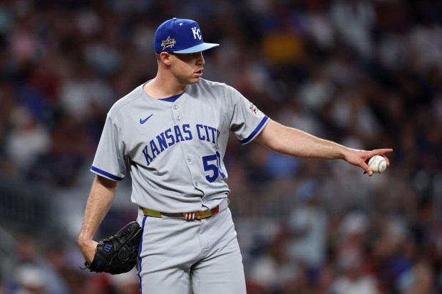 Kris Bubic #50 of the Kansas City Royals gestures during the sixth inning of the MLB All-Star Game at Truist Park on July 15, 2025 in Atlanta, Georgia. (Photo by Jamie Squire/Getty Images)