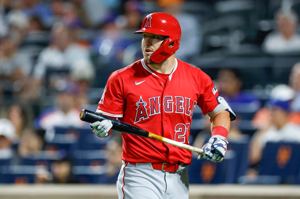 Mike Trout #27 of the Los Angeles Angels heads to the dugout after striking out against the New York Mets at Citi Field on July 22, 2025 in Flushing, NY. Mike Trout #27 of the Los Angeles Angels heads to the dugout after striking out against the New York Mets at Citi Field on July 22, 2025 in Flushing, NY.