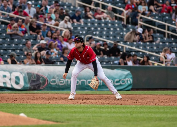 Rockies prospect Kyle Karros readies for a play at third base in July 2025 for the Triple-A Isotopes. (Courtesy of Albuquerque Isotopes)