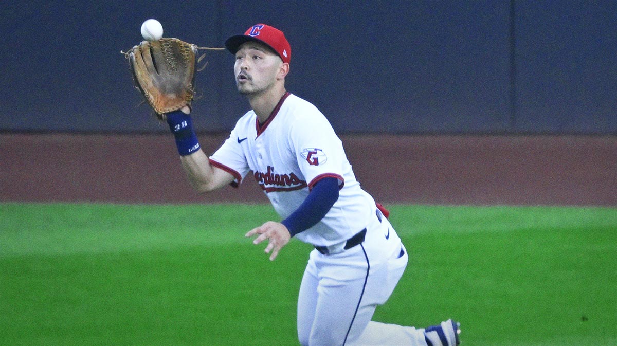 Cleveland Guardians left fielder Steven Kwan (38) makes a catch in the fourth inning against the Baltimore Orioles at Progressive Field.