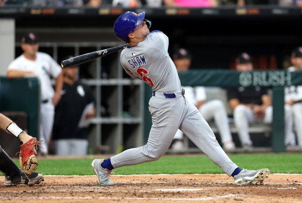 Cubs third baseman Matt Shaw swings through a two-run home run in the seventh inning against the White Sox on July 26, 2025, at Rate Field. (Chris Sweda/Chicago Tribune)