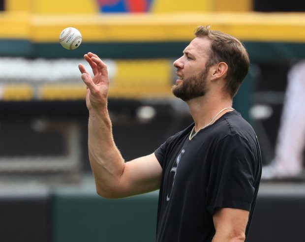 White Sox pitcher Adrian Houser warms up before a game against the Phillies on Wednesday, July 30, 2025, at Rate Field. (John J. Kim/Chicago Tribune)