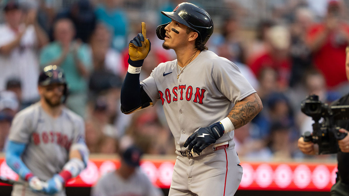 Boston Red Sox left fielder Jarren Duran (16) reacts after hitting a solo home run during the fifth inning against the Minnesota Twins at Target Field.