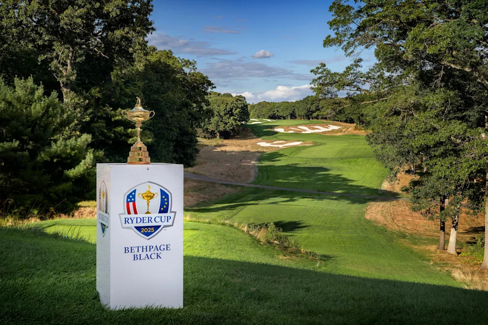 The Ryder Cup trophy at Bethpage Black, pictured here in 2022. (Gary Kellner/PGA of America via Getty Images)