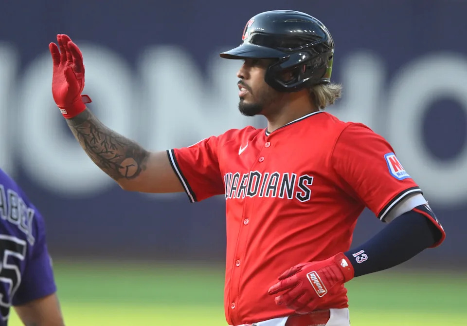 Jul 29, 2025; Cleveland, Ohio, USA; Cleveland Guardians shortstop Gabriel Arias (13) celebrates his two-run single in the first inning against the Colorado Rockies at Progressive Field. Mandatory Credit: David Richard-Imagn Images