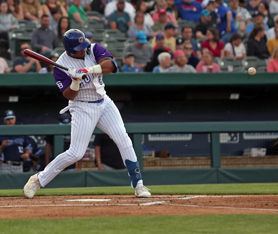 South Bend Cubs right fielder Felix Stevens swings at a pitch during a game against the West Michigan Whitecaps Friday, June 7, 2024, at Four Winds Field in South Bend.