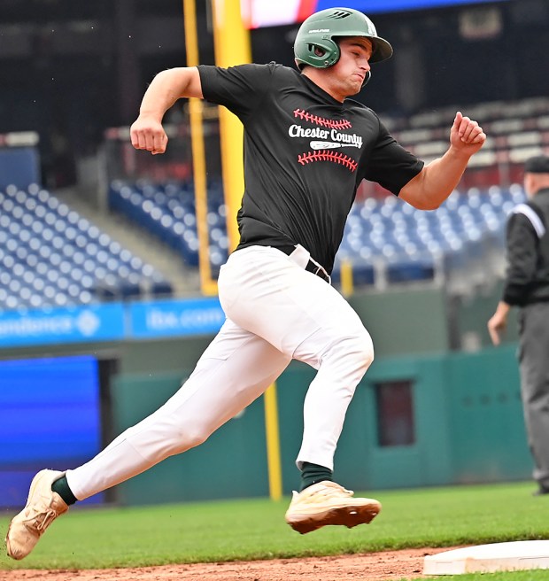 Methacton first baseman Tommy Kratz went 1-for-2 with an RBI double and two runs scored in Chester County's 7-3 win over Delaware County in the Carpenter Cup semifinals at Citizens Bank Park on June 16, 2025. (Photo by Joe Evans/JoeEvansPictures.com)
