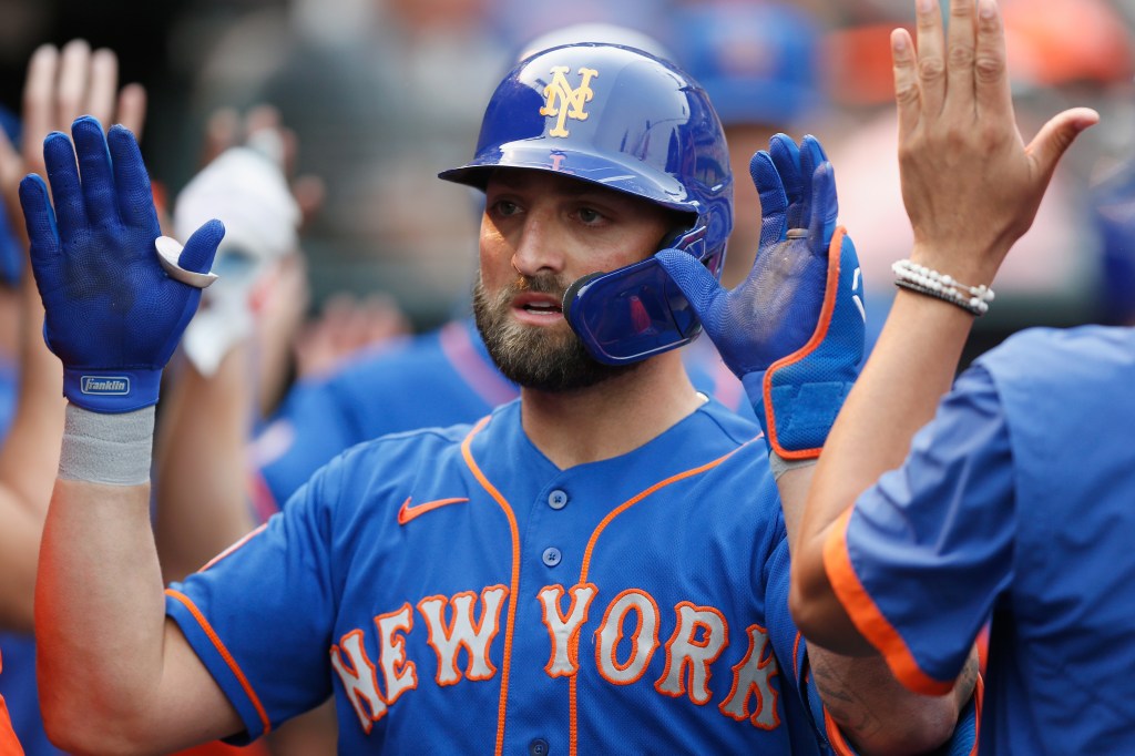 Kevin Pillar #11 of the New York Mets celebrates after hitting a three-run home run in the top of the twelfth inning against the San Francisco Giants at Oracle Park on August 18, 2021 in San Francisco, California.