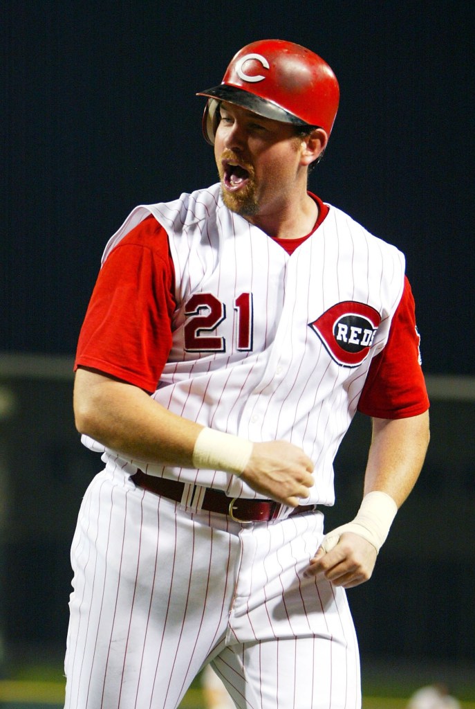 Sean Casey #21 of the Cincinnati Reds celebrating.