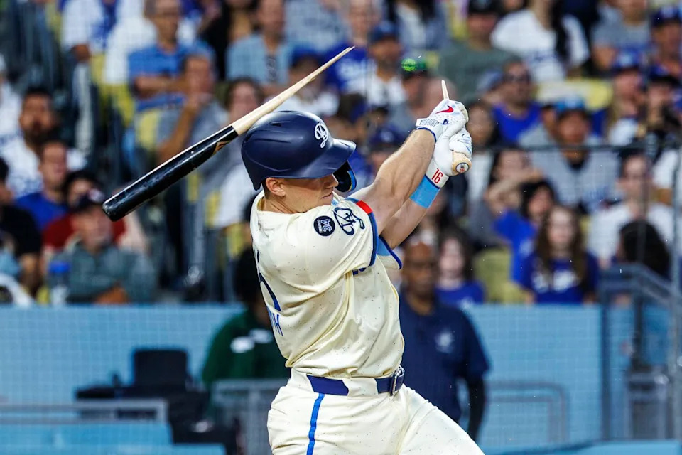 Dodgers catcher Will Smith breaks his bat on a pitch in the sixth inning Saturday.