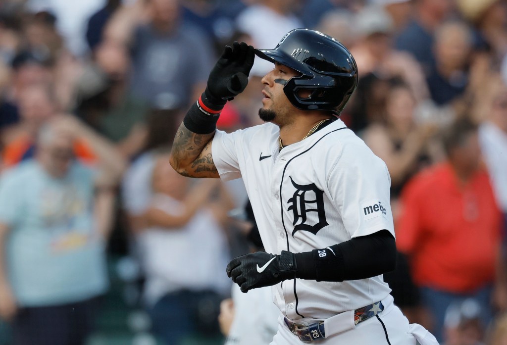 Javier Baez #28 of the Detroit Tigers celebrates after hitting a solo home run against the Pittsburgh Pirates during the fifth inning at Comerica Park on June 17, 2025 in Detroit, Michigan. 