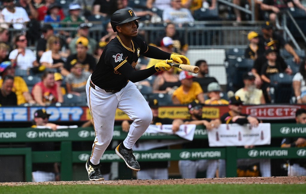 Ke'Bryan Hayes #13 of the Pittsburgh Pirates hits a two run RBI single in the eighth inning during the game against the Arizona Diamondbacks at PNC Park on July 27, 2025 in Pittsburgh, Pennsylvania.
