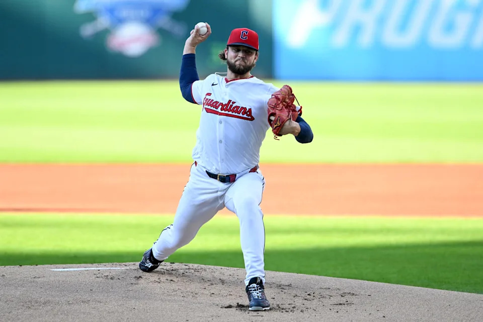 CLEVELAND, OHIO - JULY 23: Slade Cecconi #44 of the Cleveland Guardians throws a pitch during the first inning against the Baltimore Orioles at Progressive Field on July 23, 2025 in Cleveland, Ohio. (Photo by Nick Cammett/Getty Images)