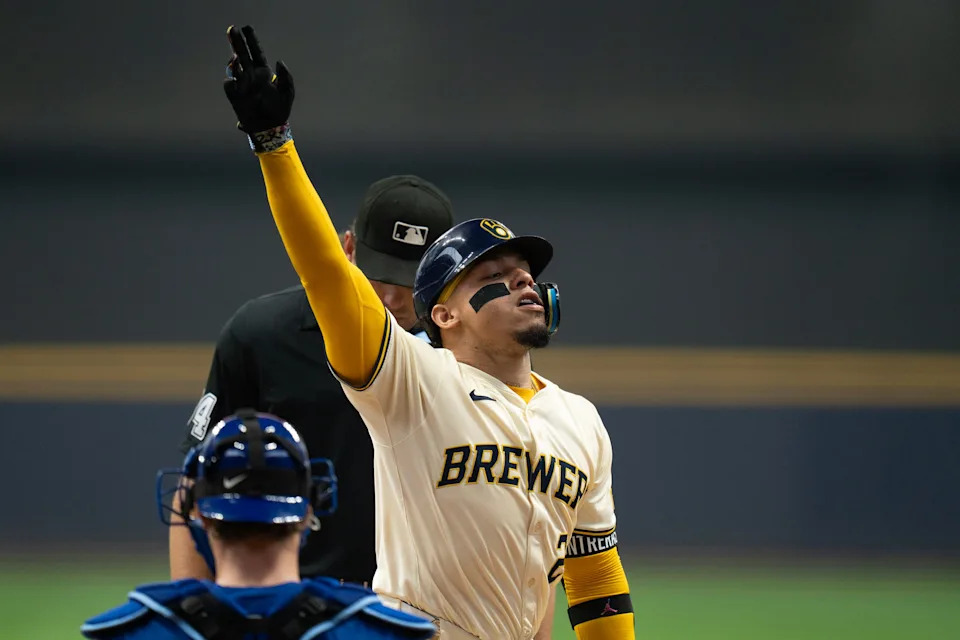 Milwaukee Brewers catcher William Contreras (24) celebrates his home run in the first inning against the Chicago Cubs on July 30 at American Family Field.