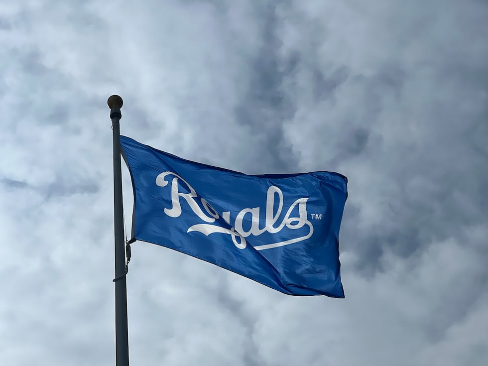A Royals flag waves at Kauffman Stadium on March 27, 2025.