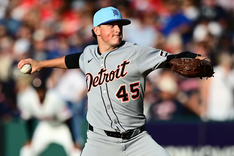 Detroit Tigers starting pitcher Reese Olson (45) throws a pitch during the first inning against the Cleveland Guardians at Progressive Field in Cleveland on Friday, July 4, 2025.