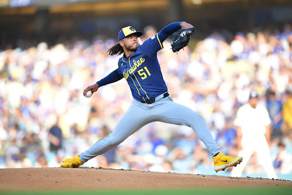 Brewers starter Freddy Peralta started the July 25 game against the Marlins with a 12-4 record and 2.85 ERA.