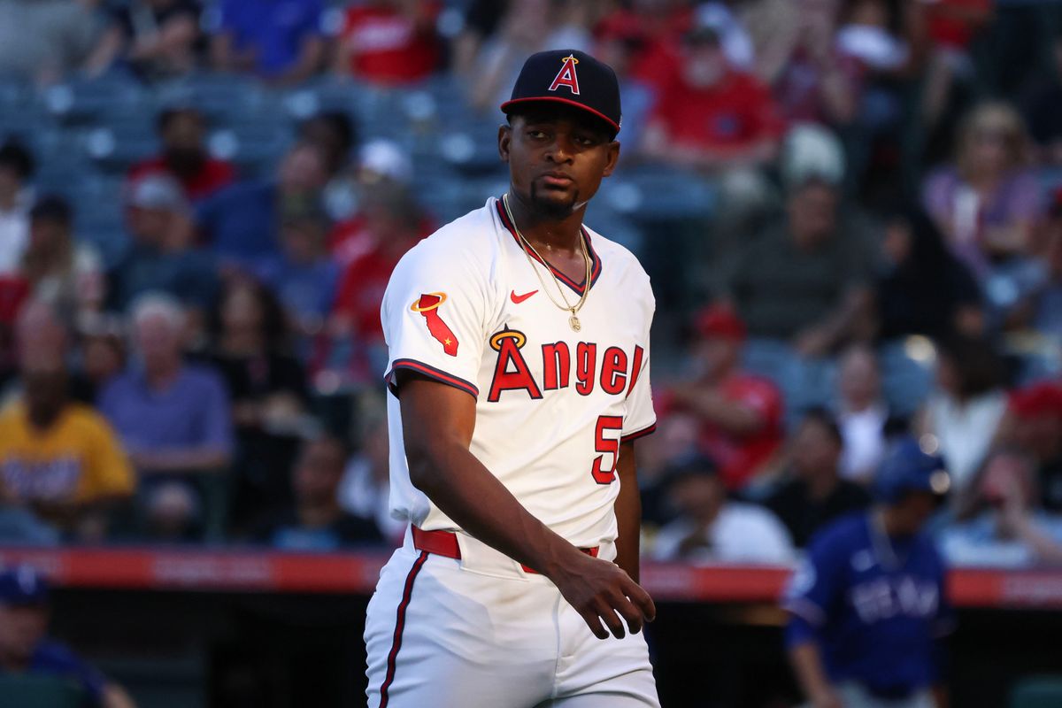 Los Angeles Angels right handed pitcher José Soriano (59) walks into the dugout after his third strikeout during the MLB game against the Texas Rangers Tuesday July 8th, 2025 at Angel's Stadium in Anaheim, Calif.