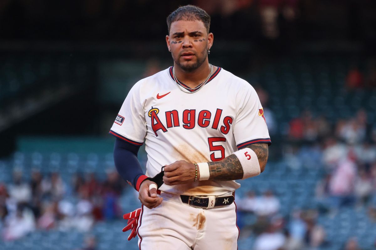 Los Angeles Angels infielder Yoán Moncada (5) walks into the dugout during the MLB game against the Texas Rangers Tuesday July 8th, 2025 at Angel's Stadium in Anaheim, Calif.