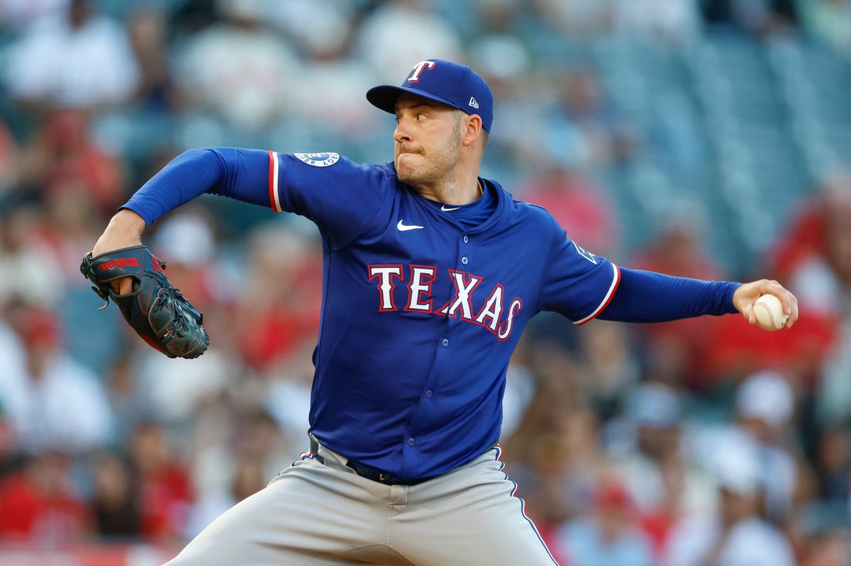 Patrick Corbin #46 of the Texas Rangers throws a pitch during a game against the Los Angeles Angels at Angel Stadium on July 10, 2025, in Anaheim, California.